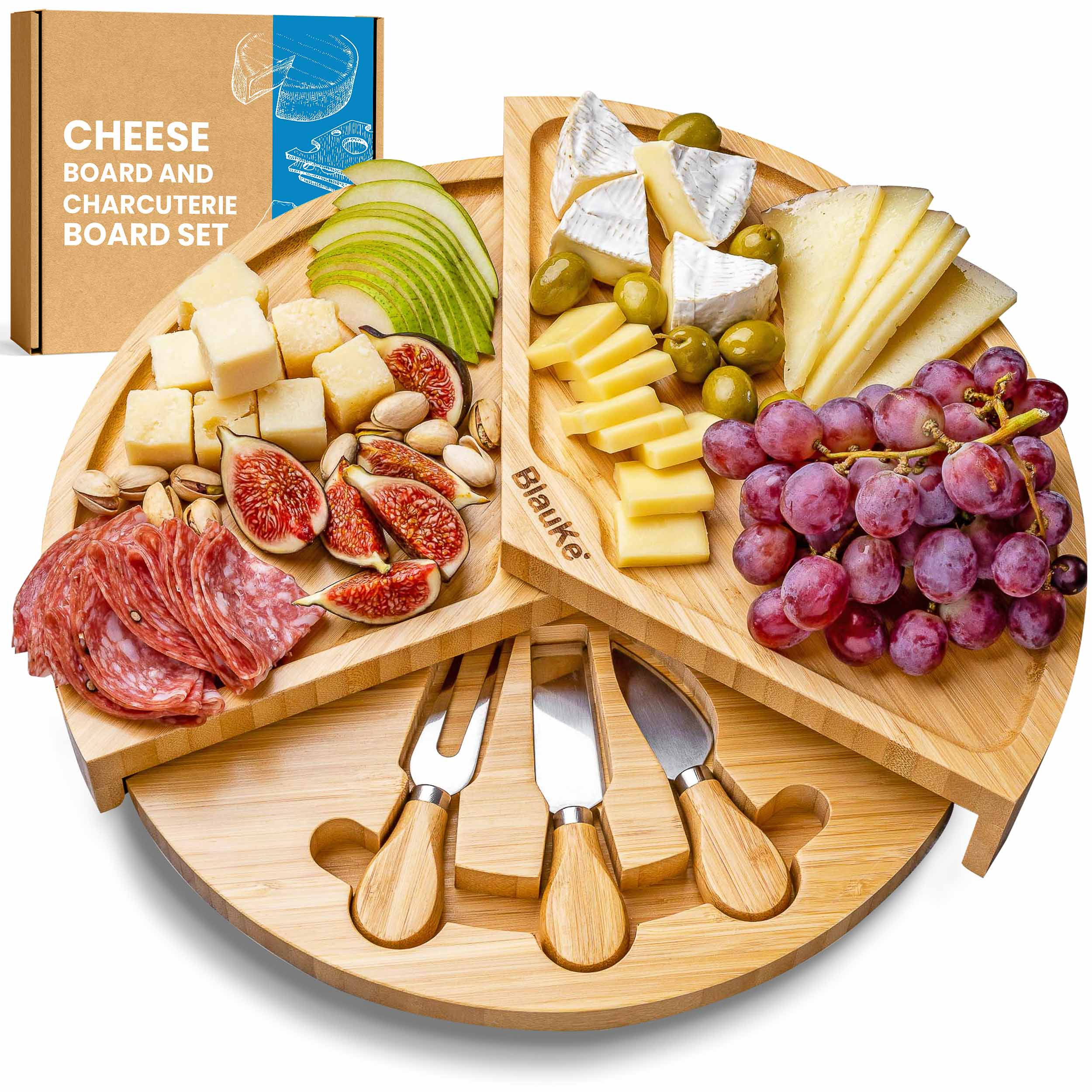 Bamboo Cheese Board Knife Set 14 Inch Charcuterie Serving