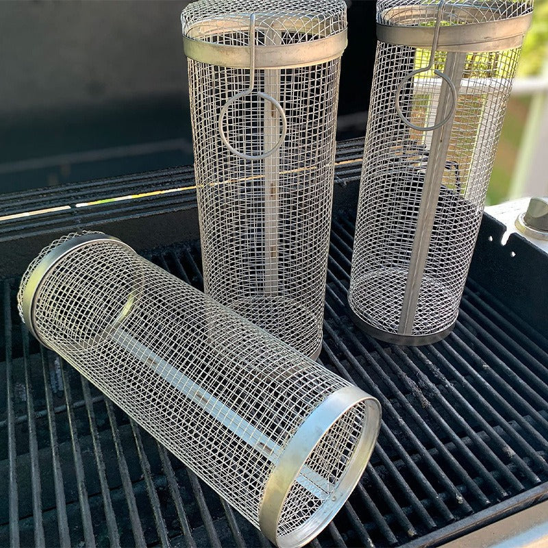 Rolling Grilling Basket Metal BBQ Portable Outdoor Barbecue Rack