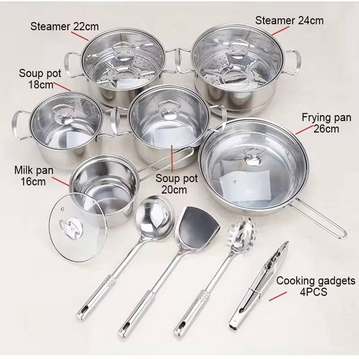 18 Piece Stainless Steel Cookware Set Household Kitchen Pots