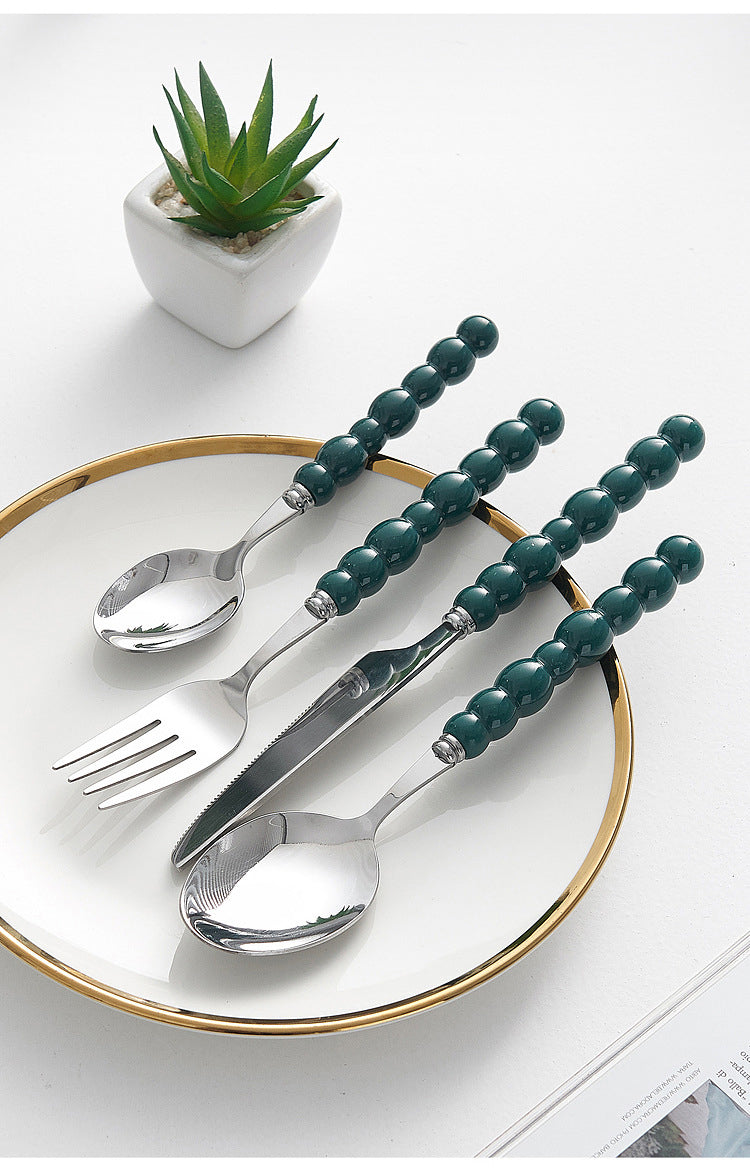 4pc Colorful Pearl Handle Stainless Steel Cutlery Knife Fork Spoon