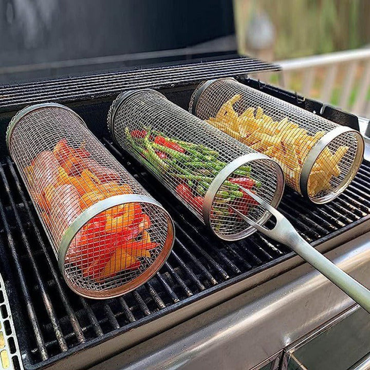 Rolling Grilling Basket Metal BBQ Portable Outdoor Barbecue Rack