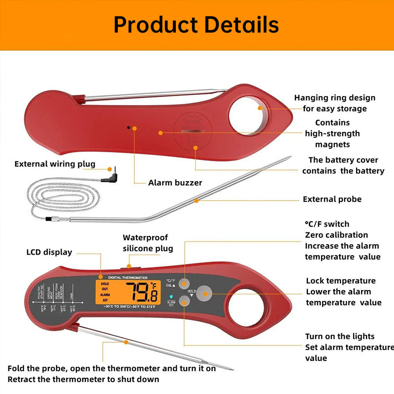 Foldable Digital Thermometer Dual Probe BBQ Meat Cooking Tool