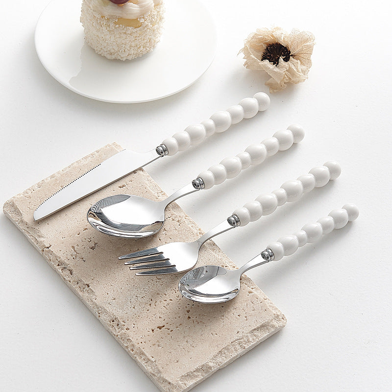 4pc Colorful Pearl Handle Stainless Steel Cutlery Knife Fork Spoon