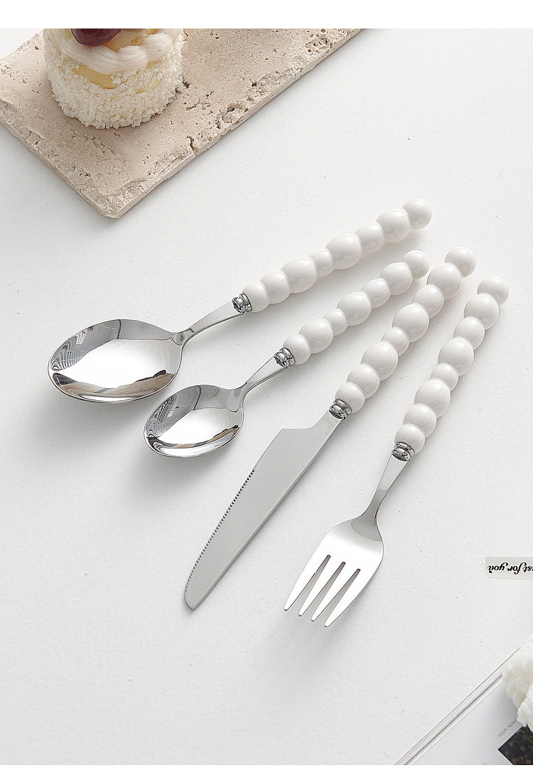 4pc Colorful Pearl Handle Stainless Steel Cutlery Knife Fork Spoon