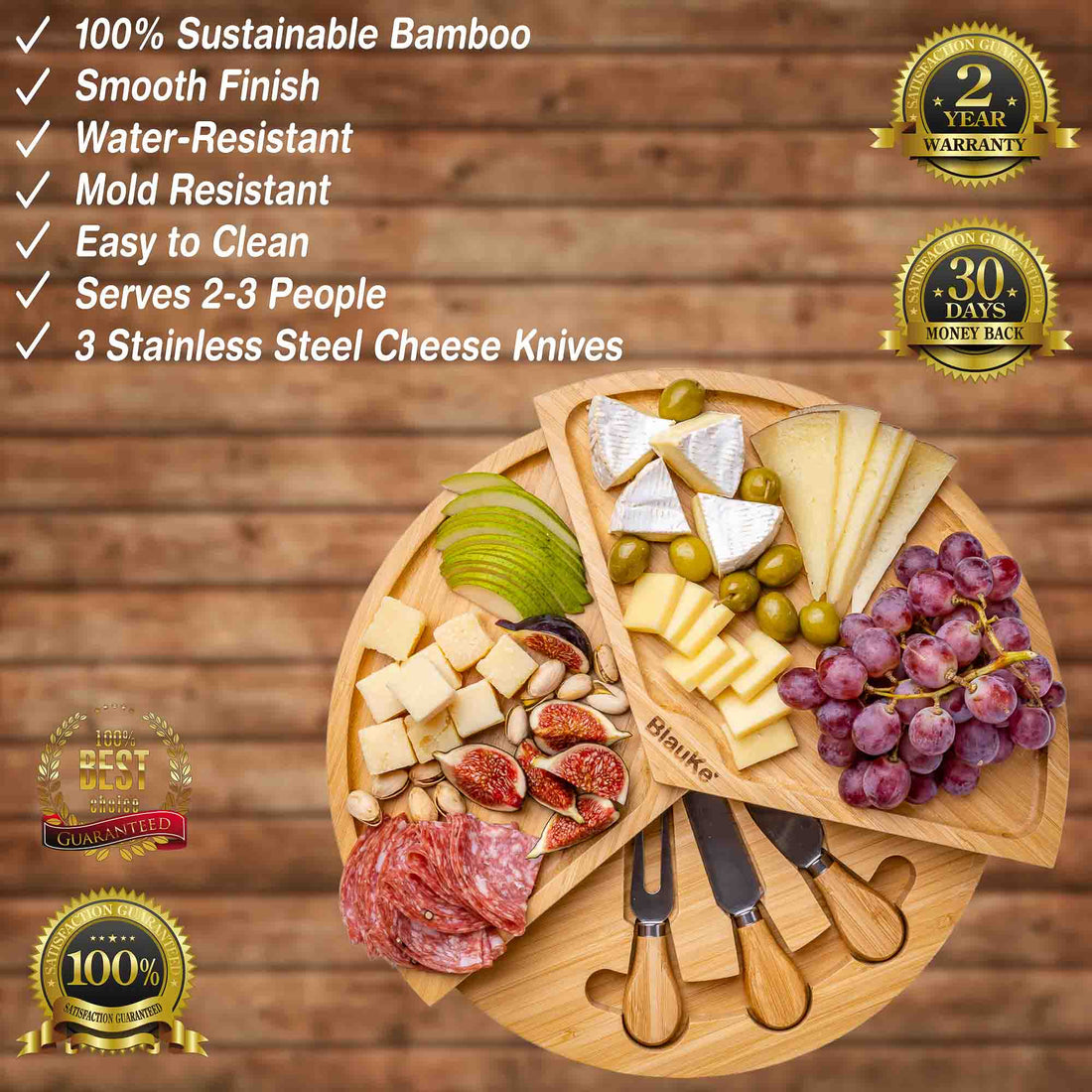 Bamboo Cheese Board Knife Set 14 Inch Charcuterie Serving