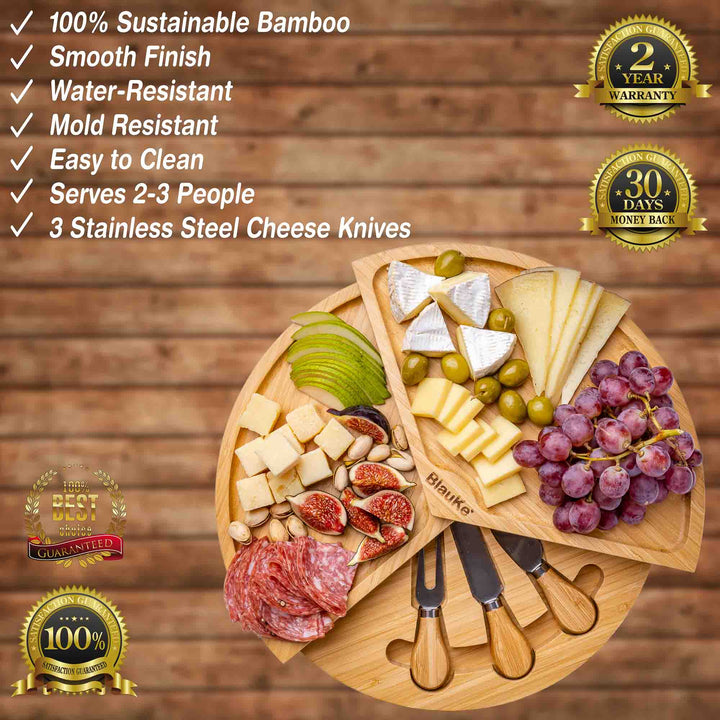 Bamboo Cheese Board Knife Set 14 Inch Charcuterie Serving