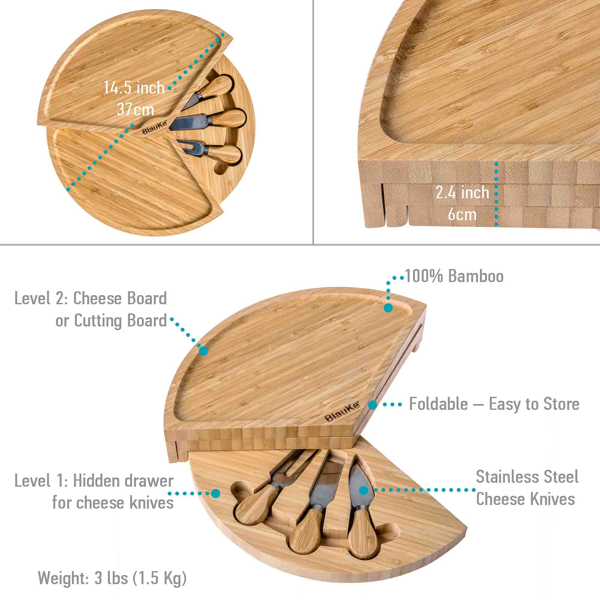 Bamboo Cheese Board Knife Set 14 Inch Charcuterie Serving