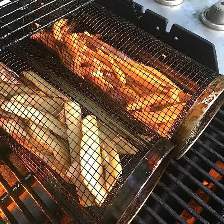 Rolling Grilling Basket Metal BBQ Portable Outdoor Barbecue Rack