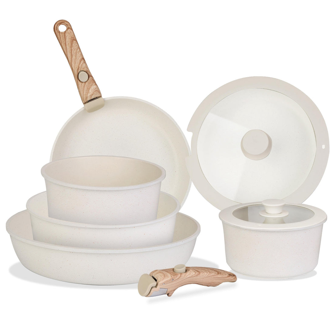 9 Piece Nonstick Cookware Set with Detachable Handles Glass Lids