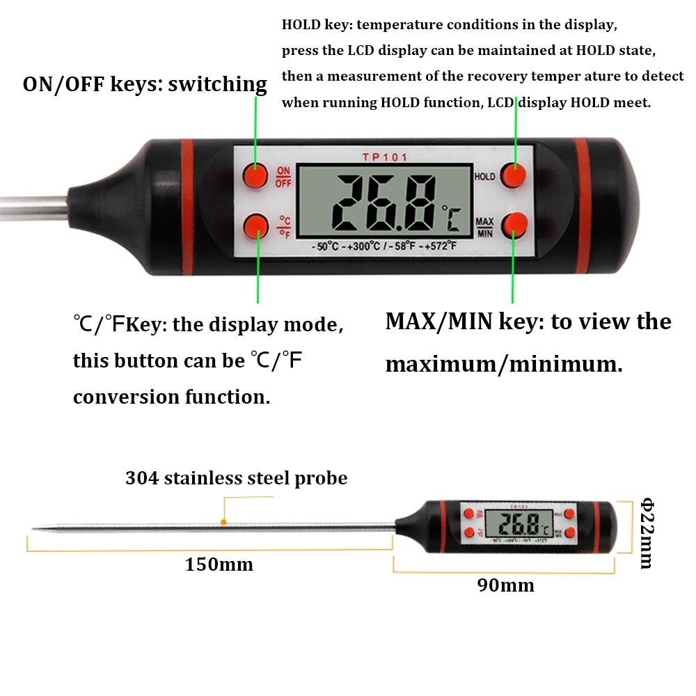 Digital Food Thermometer Stainless Steel Probe Instant Read Waterproof