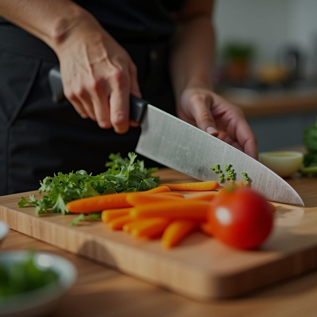 Person cutting vegetables on a wooden board with a knife
